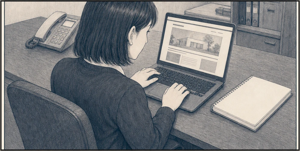 現在、工務店を継いだ亜希が父のメモ帳とサイトを見比べる・コマ3
