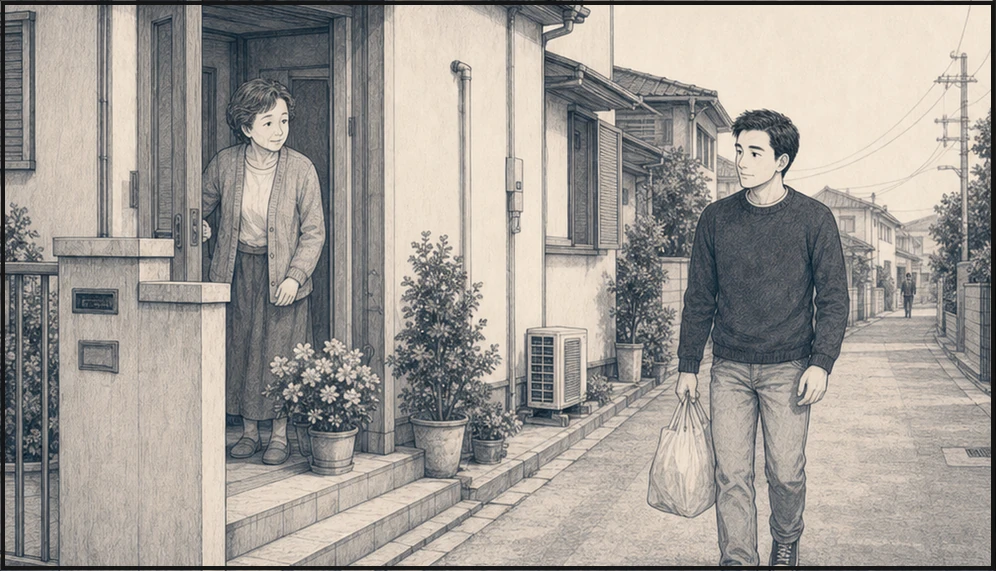 誠と母の文子が買い物から帰り、何気ない会話を交わす・コマ1