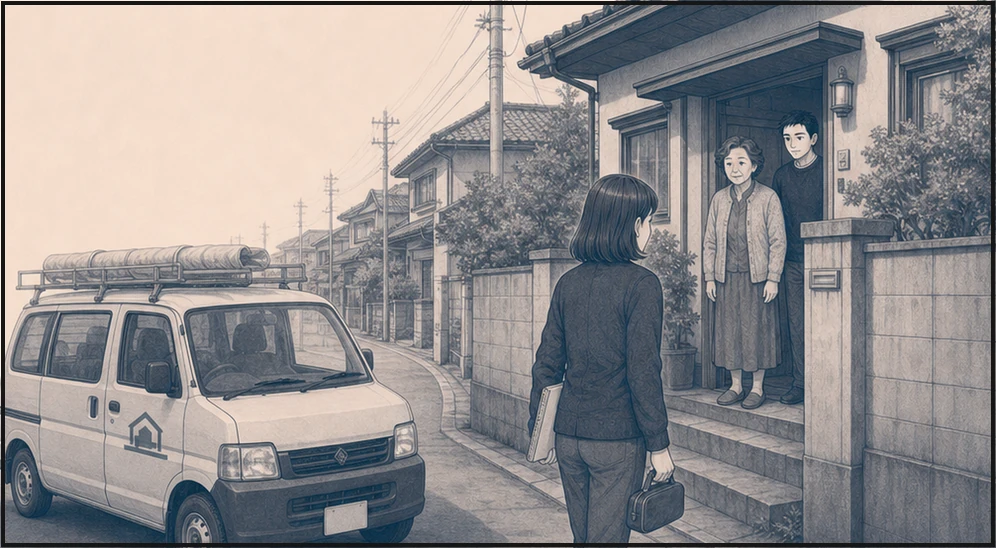 亜希が文子の家を訪ね、同じ目線に座って話を聴く・コマ1