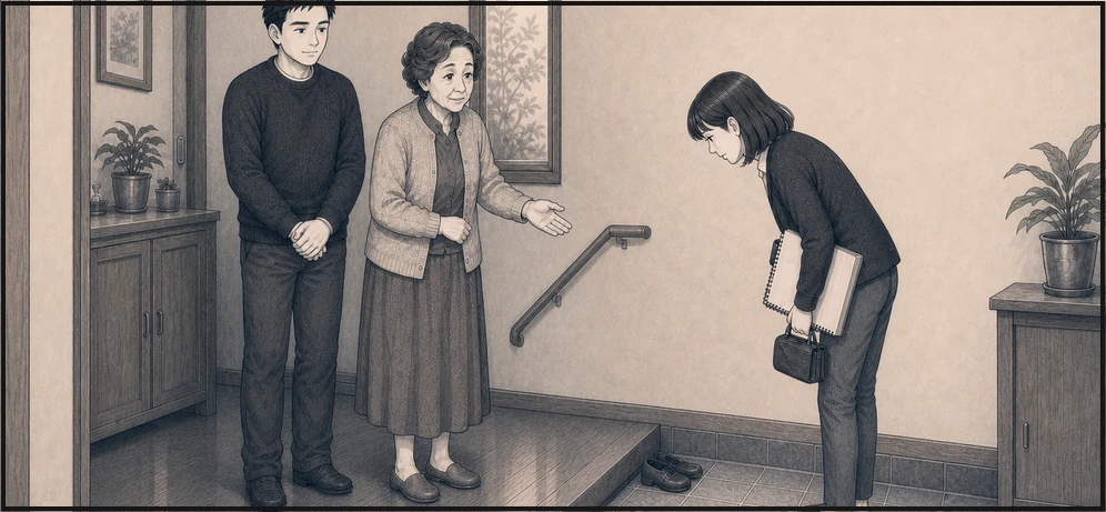 亜希が文子の家を訪ね、同じ目線に座って話を聴く・コマ2