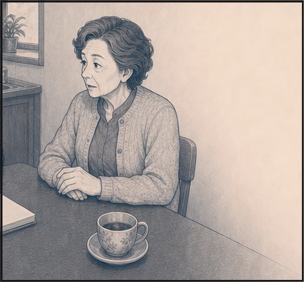 亜希が文子の家を訪ね、同じ目線に座って話を聴く・コマ3