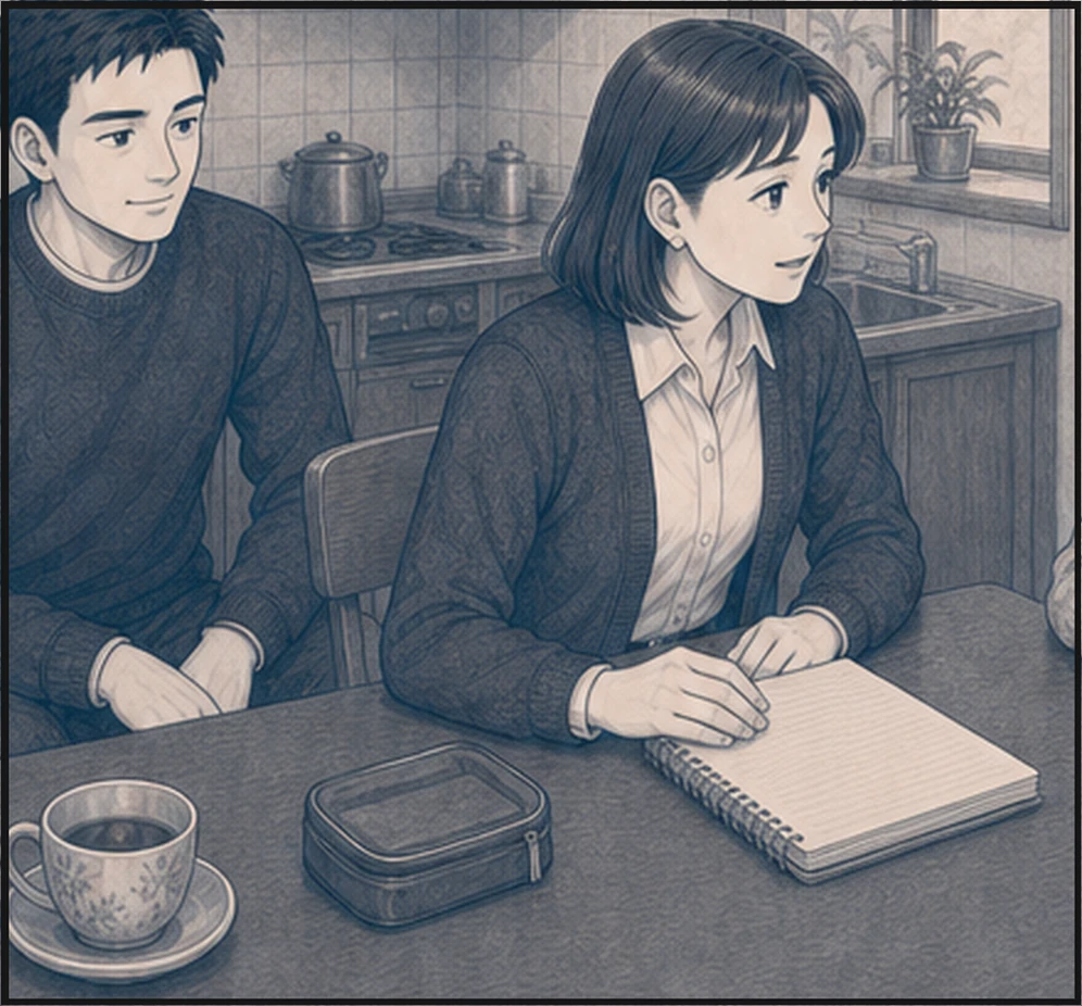 亜希が文子の家を訪ね、同じ目線に座って話を聴く・コマ4