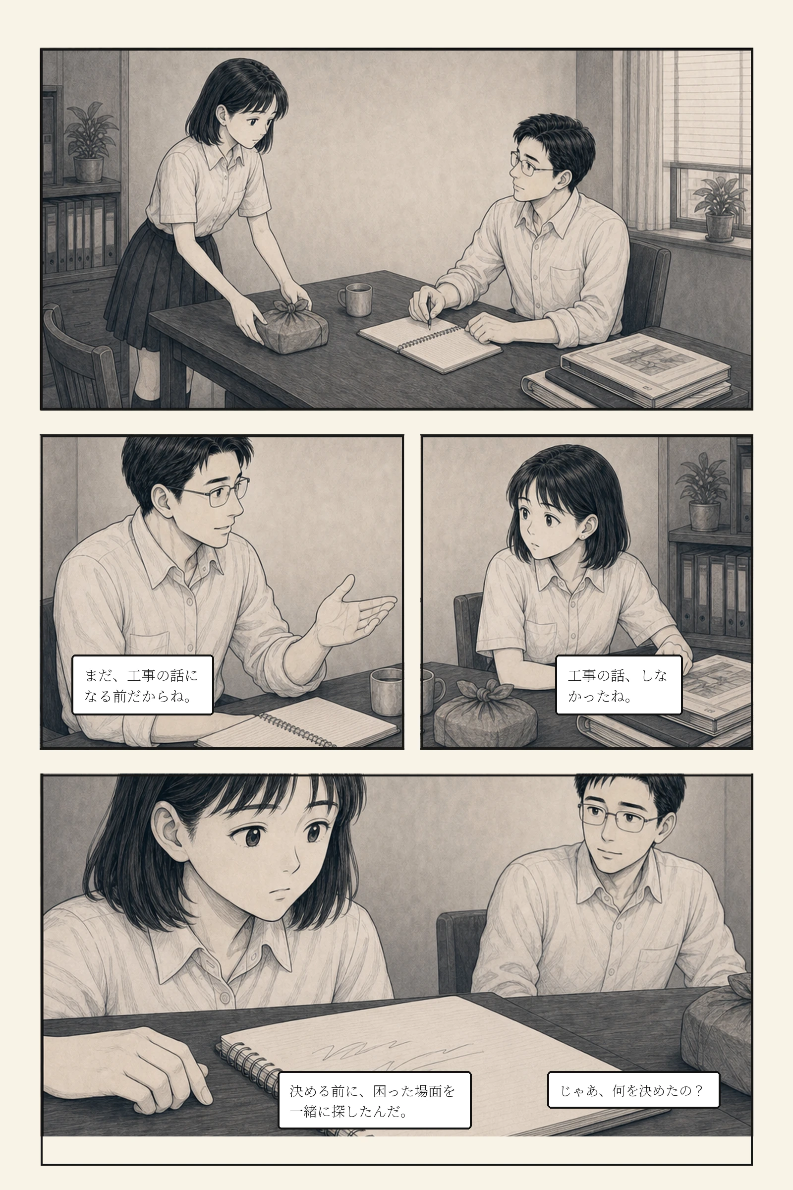 亜希と父が、工事になる前の相談について話す