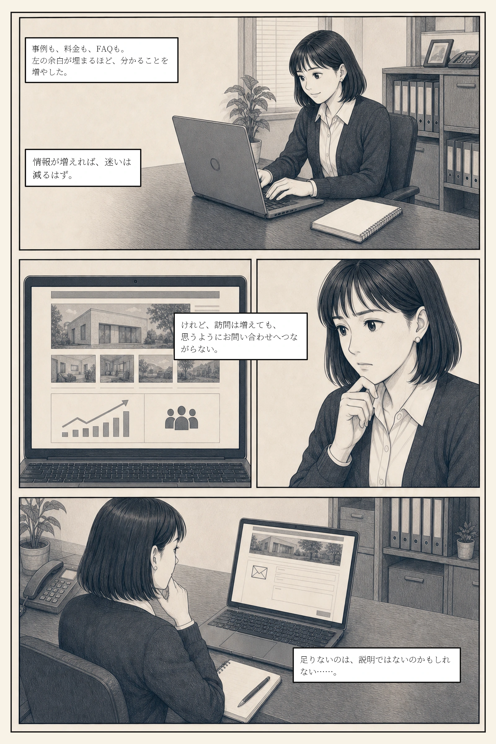 亜希が事例や料金、FAQを追加するが、訪問数と問い合わせの差に気づく