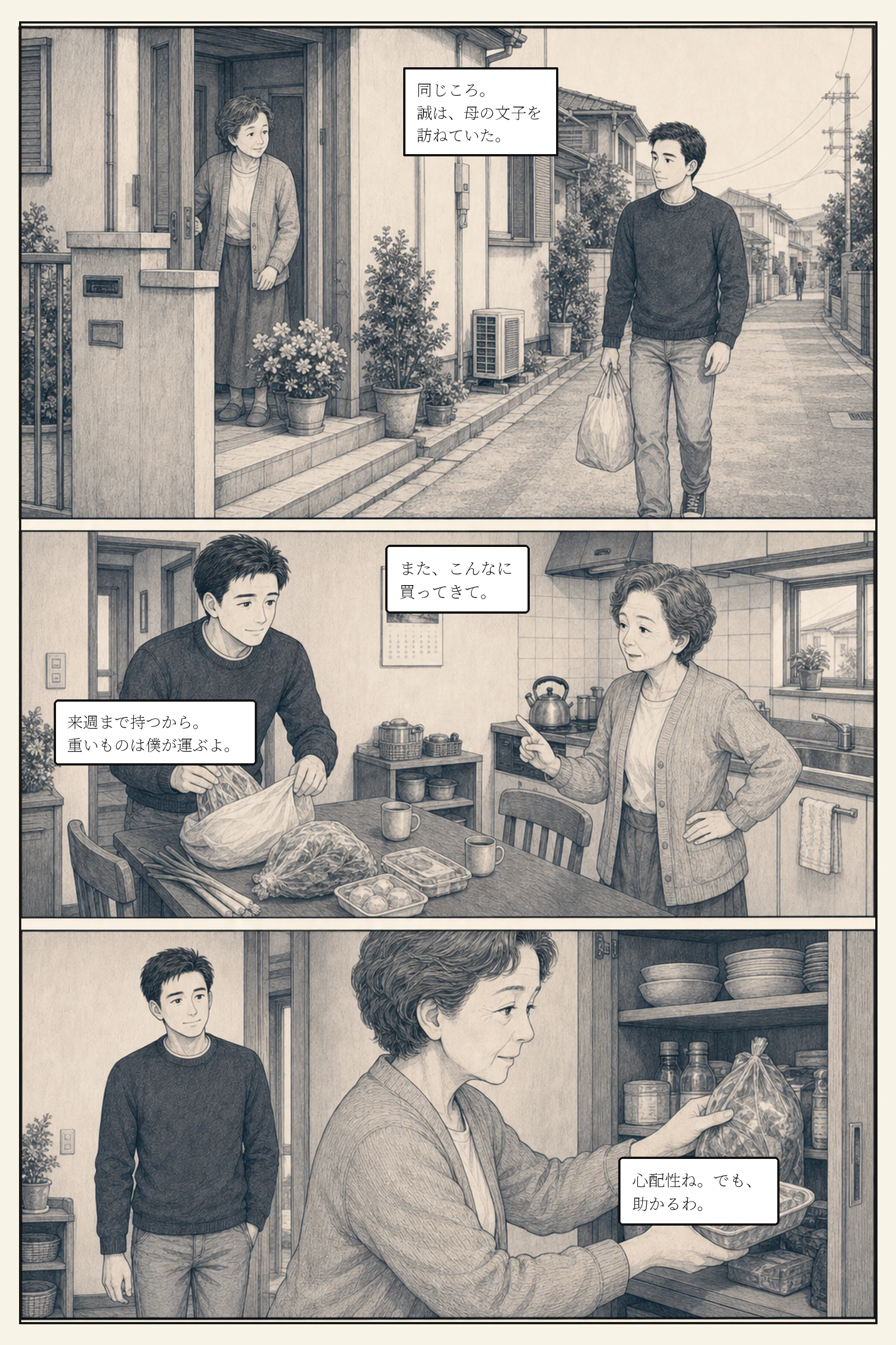 誠と母の文子が買い物から帰り、何気ない会話を交わす