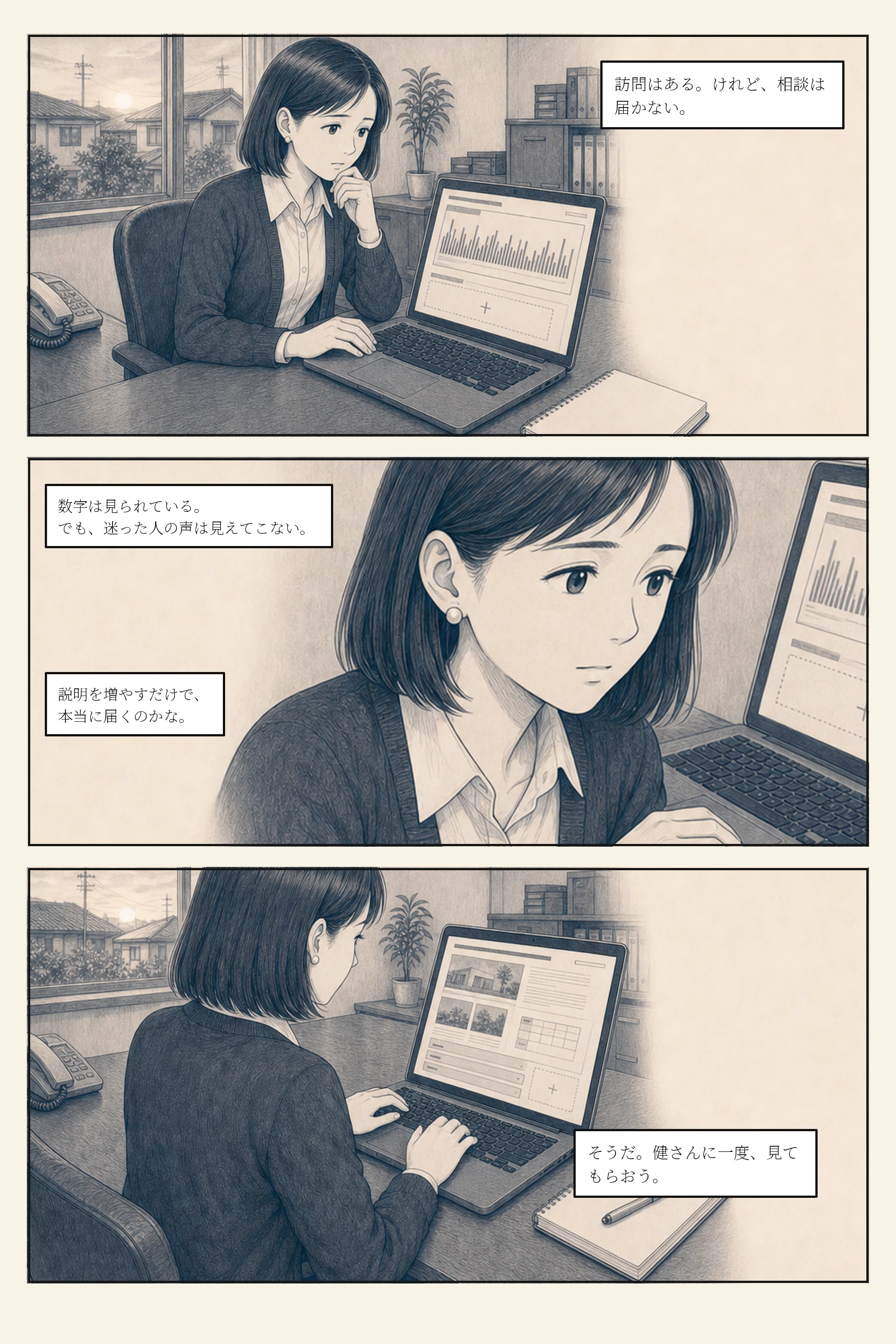 訪問者の迷いに気づかない亜希が、さらに説明を足そうとする