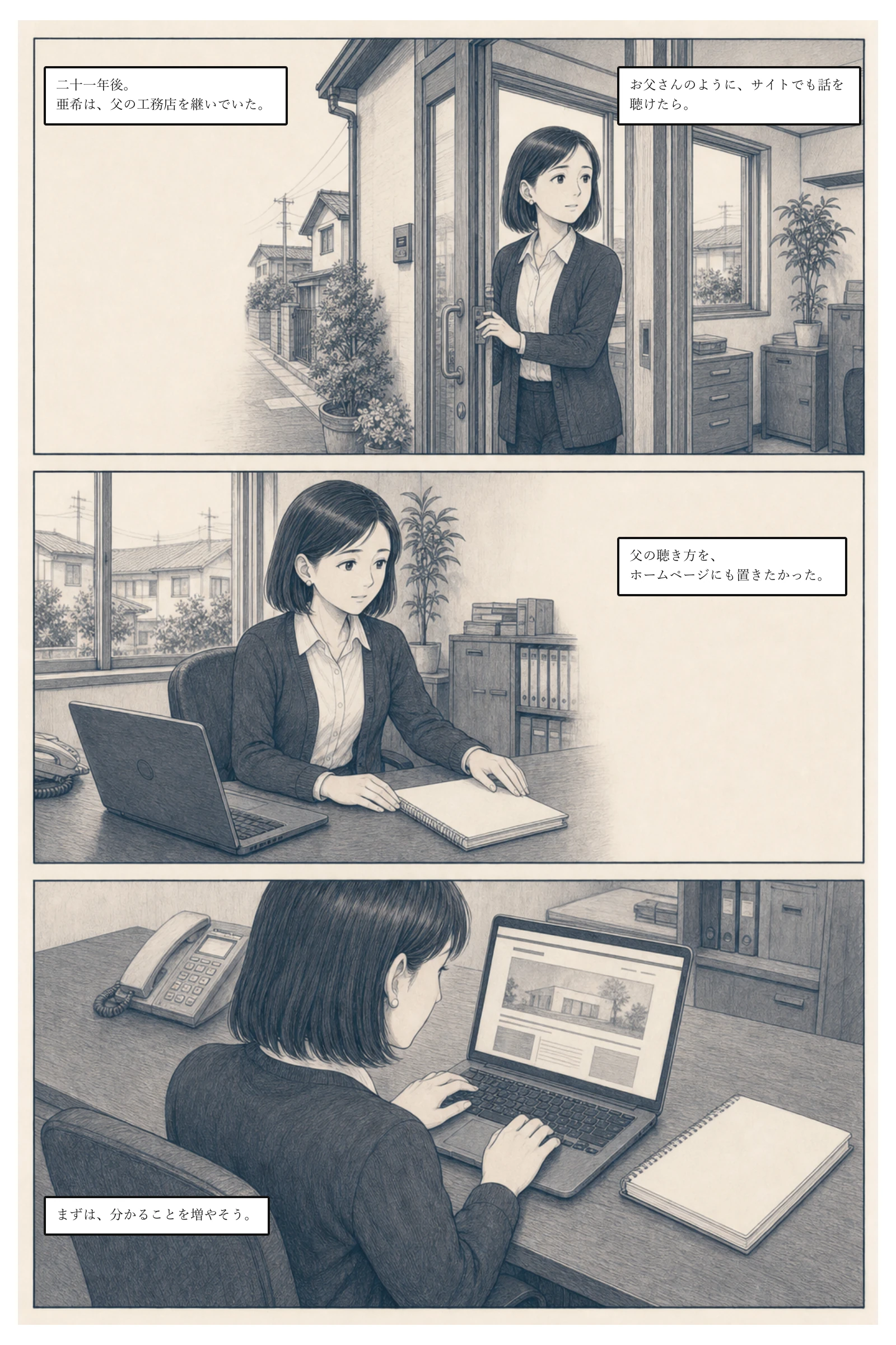現在、工務店を継いだ亜希が父のメモ帳とサイトを見比べる
