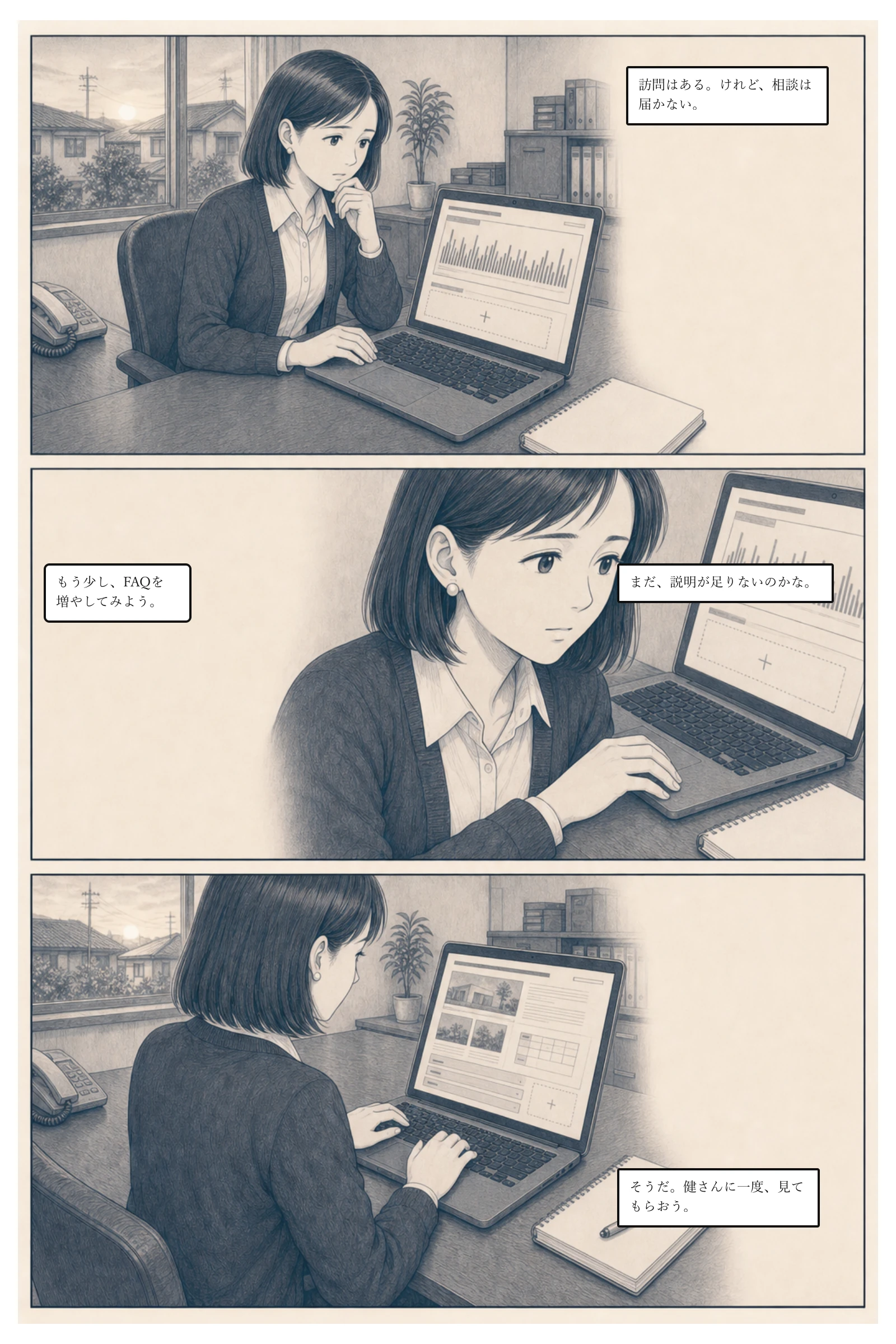 訪問者の迷いに気づかない亜希が、さらに説明を足そうとする
