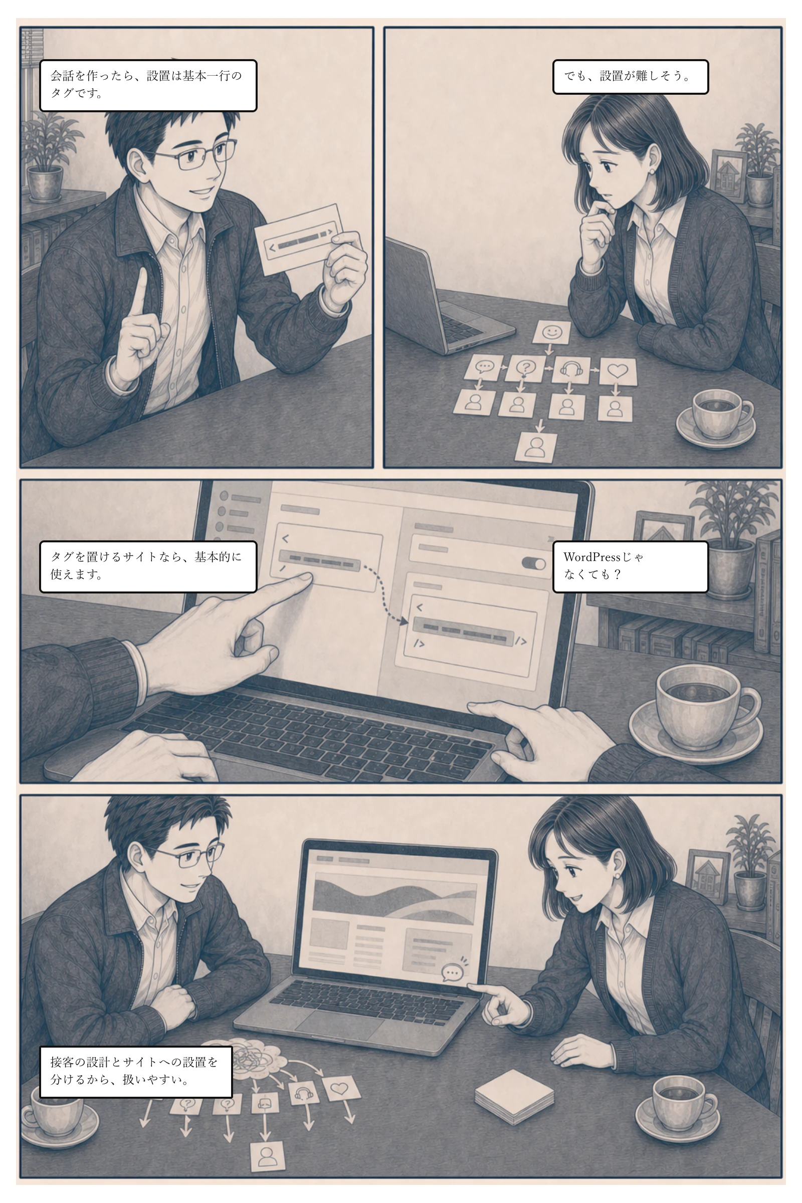 埋め込みタグでサイトへ設置できることを亜希が確認する