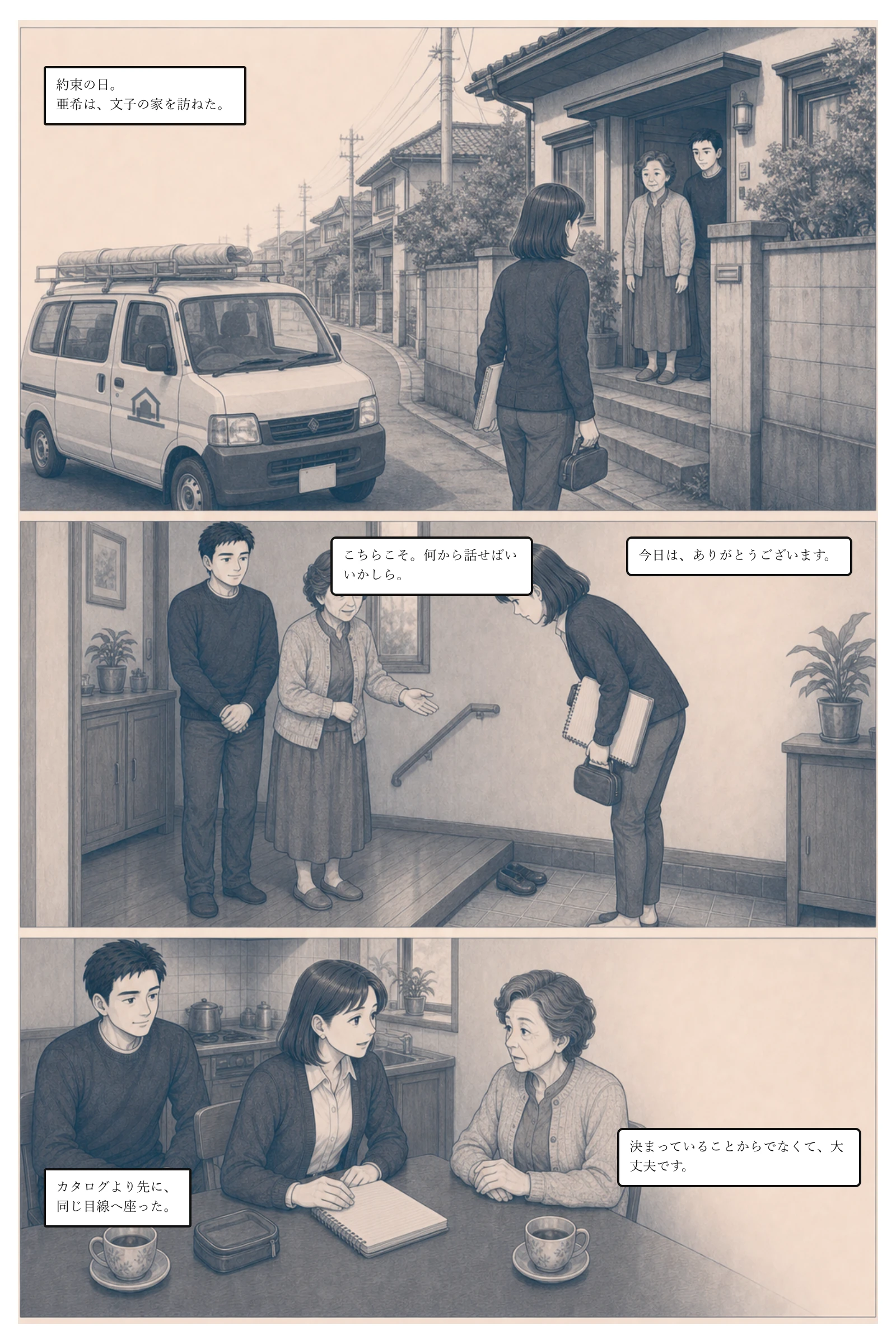 亜希が文子の家を訪ね、同じ目線に座って話を聴く